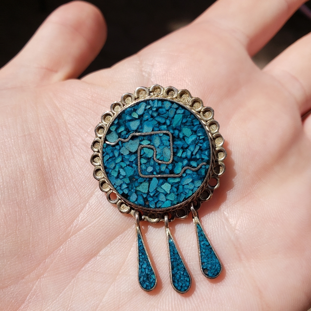 Genuine Alpaca Silver Turquoise Pendant Brooch